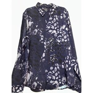 GUESS Men's Blue Silky Leopard Print Button Down Shirt Small
